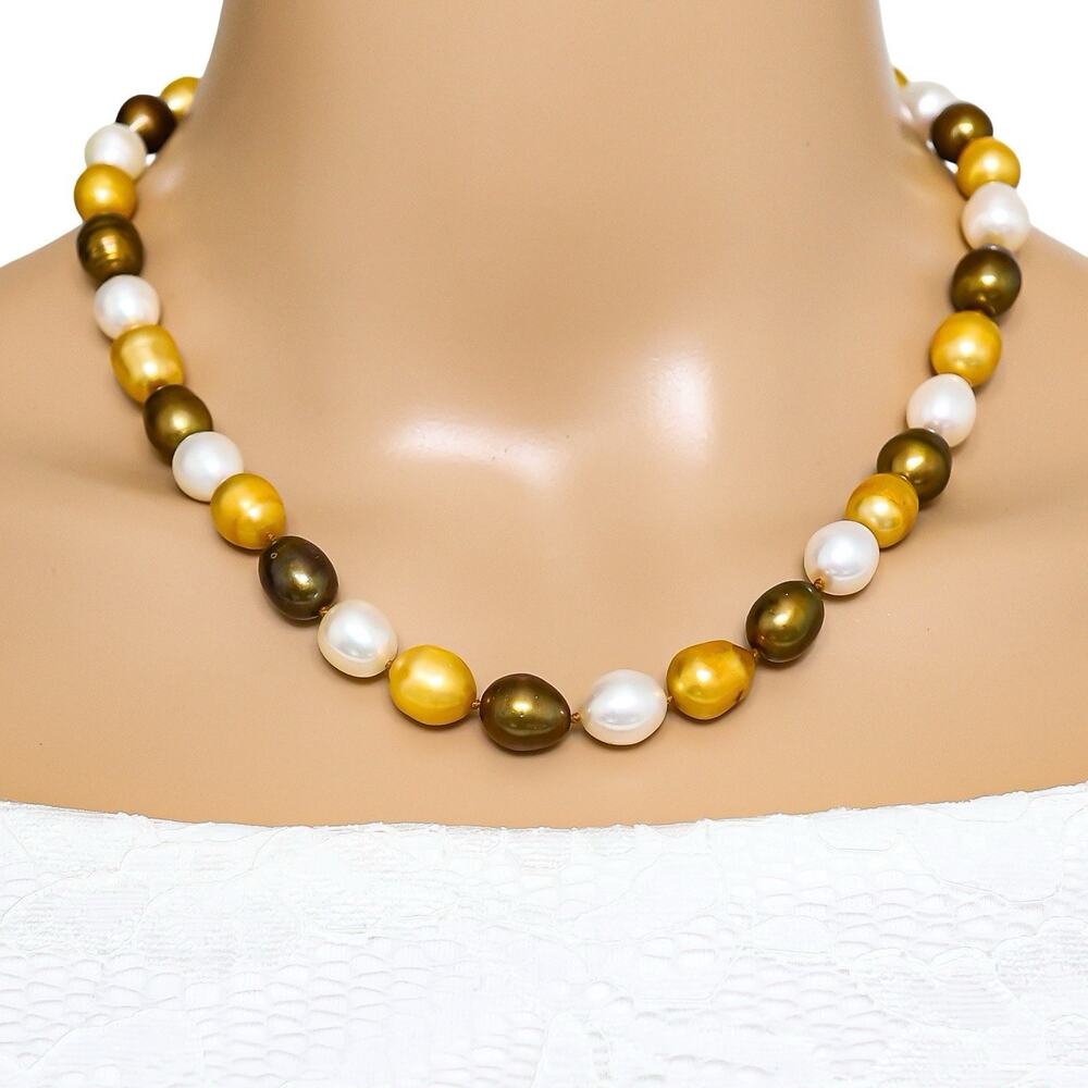 Vintage Multicolor Baroque Cultured Pearl Necklace Gold Bronze White - 14k Gold